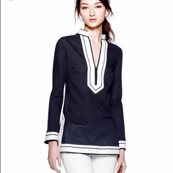 Tory Burch Tops - Tory Burch Navy and and White Cotton Voile Tunic